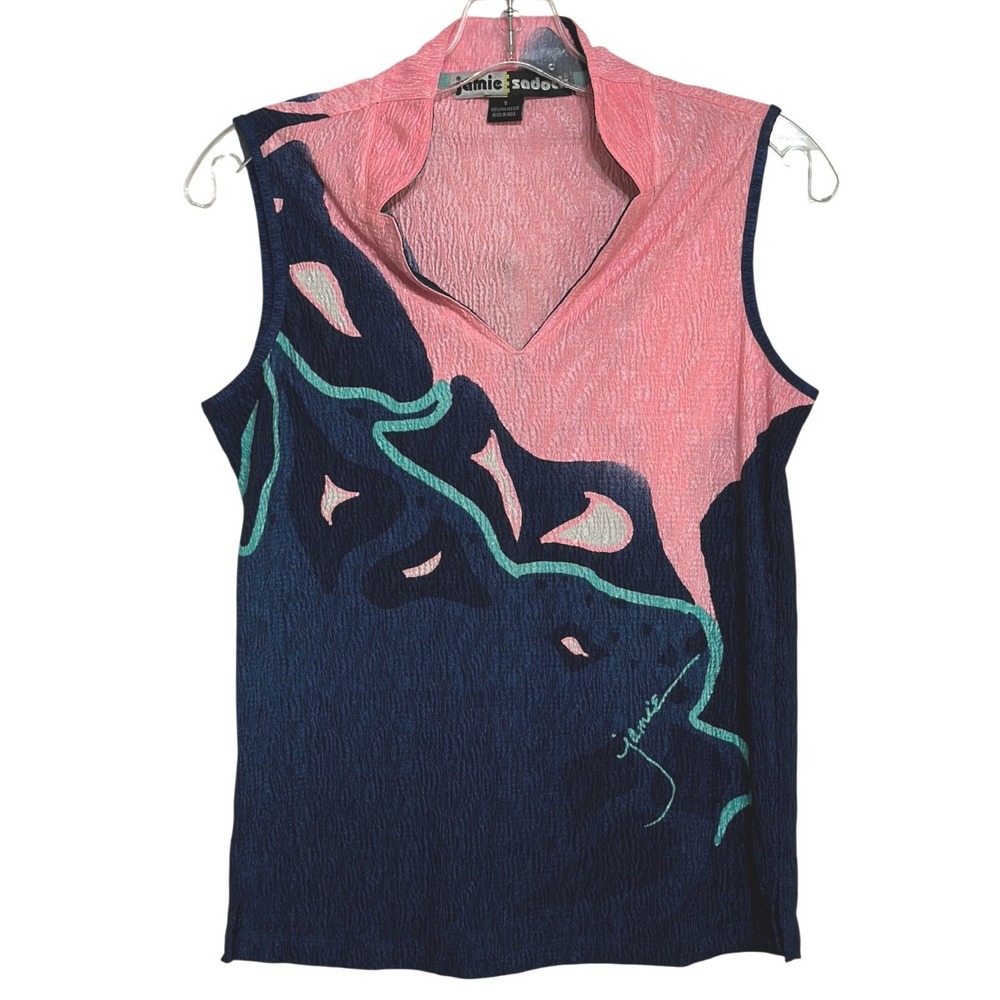 Jamie Sadock‎ Sleeveless Top Women Navy Pink Abstract Crinkle V-Neck Golf Chic S